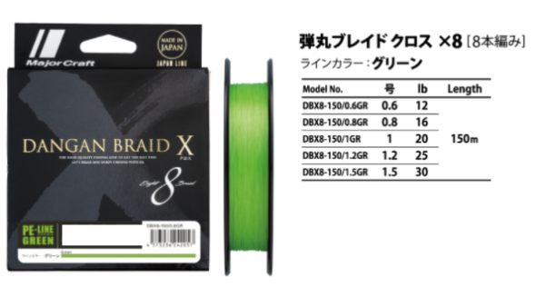 Картинка Шнур плётеный Major Craft Dangan Braid X Line №0,8 16 lb DBX8-150 м, зелёный от магазина Главный Рыболовный