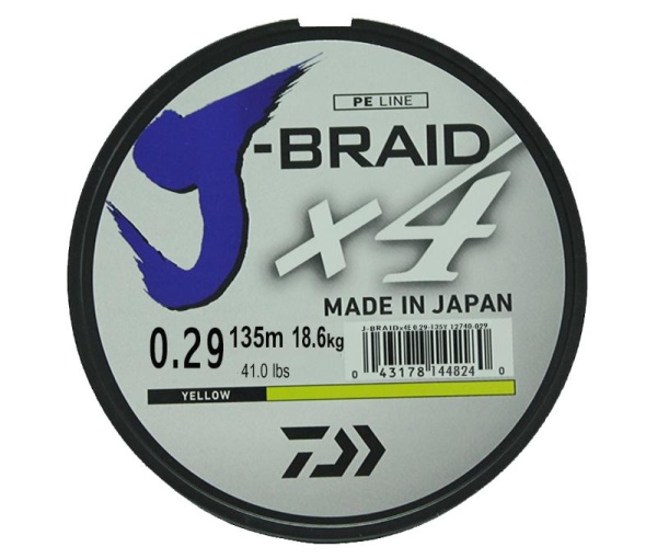 Картинка Шнур плетёный Daiwa "J-Braid X4" 135 м, 0,29 мм, жёлтый от магазина Главный Рыболовный