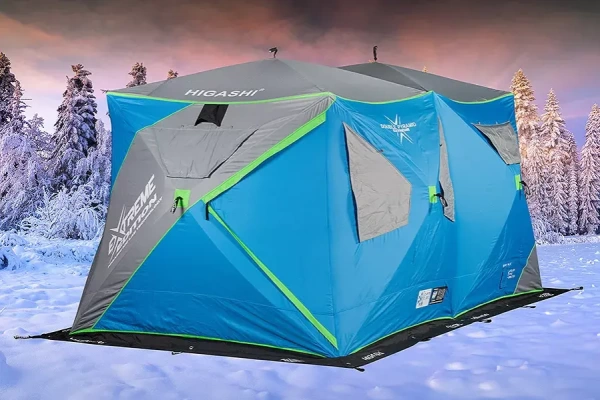 Картинка Палатка зимняя Higashi Double Pyramid Extreme, стеклокомпозитный каркас, синяя от магазина Главный Рыболовный